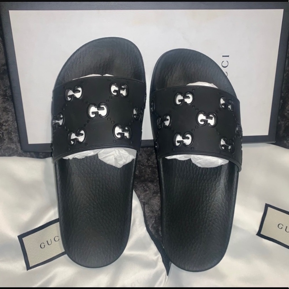 Gucci Black Slide Sandals with Silver Interlocking G Accents